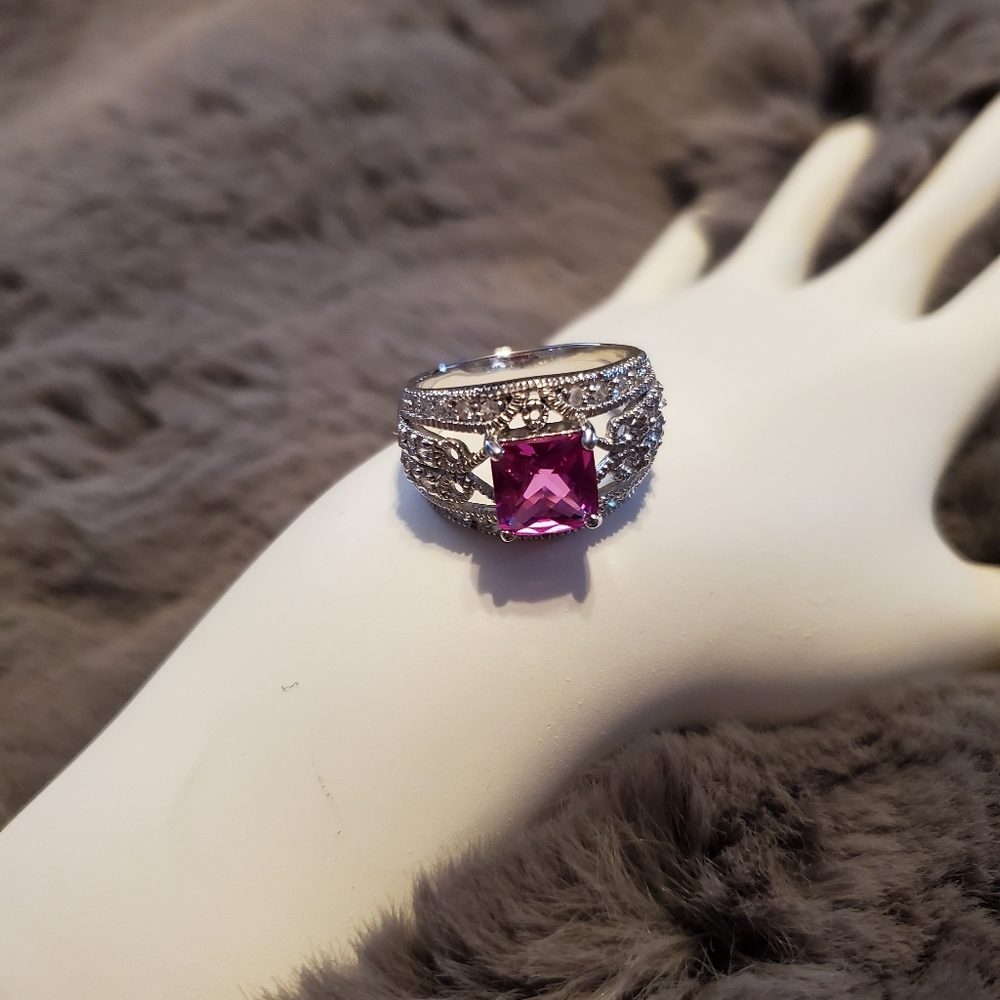 Lab Created Pink Sapphire w/28 CZ SS Ring, Sz 9 - Picture 9 of 12